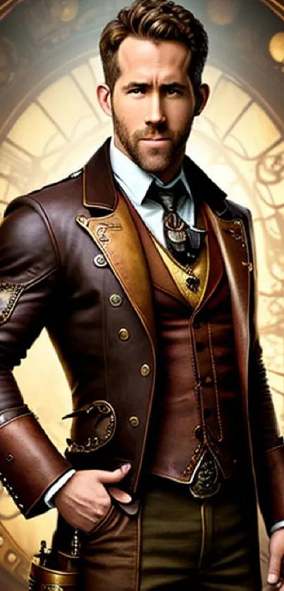 Steampunk gentleman in vintage attire with mechanical backdrop.