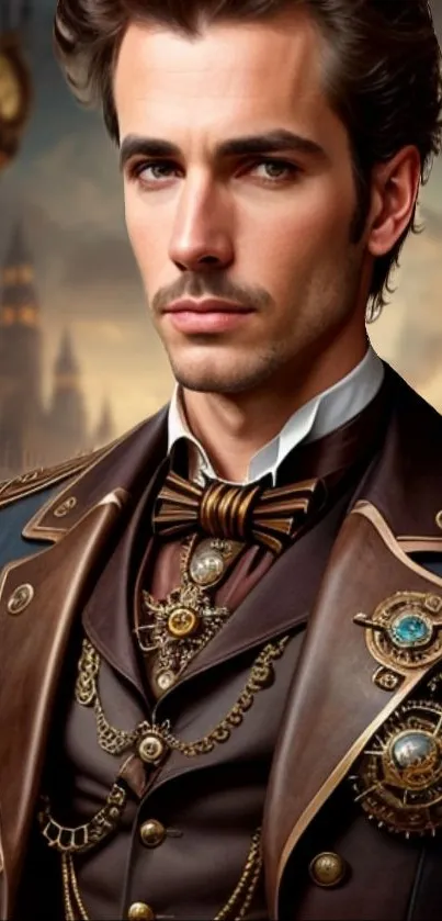 Steampunk gentleman in detailed Victorian-style attire with mechanical designs.