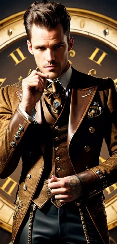 Steampunk gentleman with grand clock backdrop.