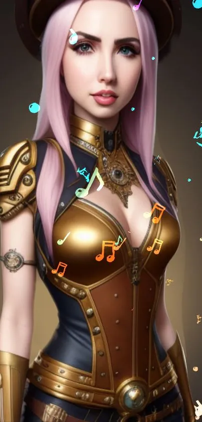 Steampunk fantasy girl with musical notes background.