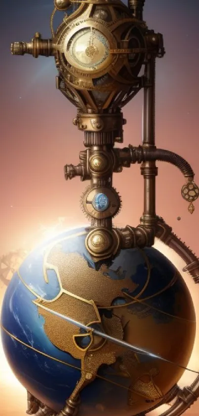 Steampunk globe with mechanical intricate designs on a fantasy art wallpaper.