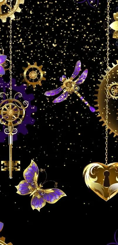 Steampunk wallpaper with gold gears, butterflies, and keys on a black background.