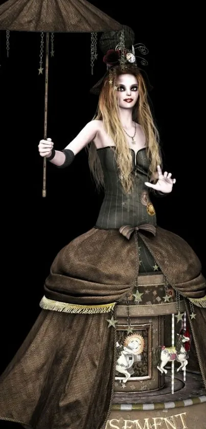 Steampunk gothic character with parasol on black background.