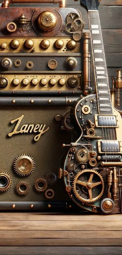 Steampunk guitar with gears and vintage design against a wooden backdrop.