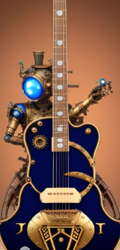 Steampunk guitar with robot arm in blue and gold hues set against a brown background.