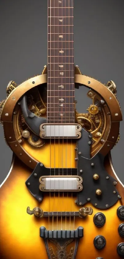 Close-up of a steampunk guitar with gears, set as a phone wallpaper.