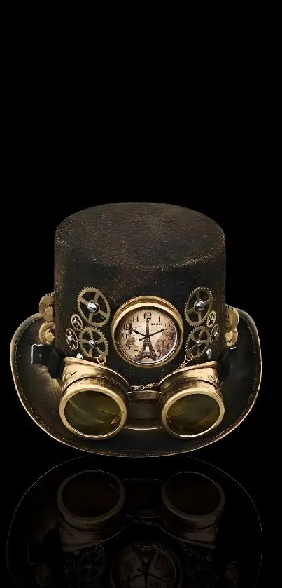 Steampunk hat with gears on a black background.