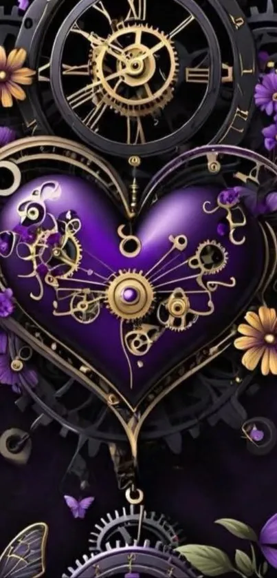Steampunk heart with gears and flowers artwork.