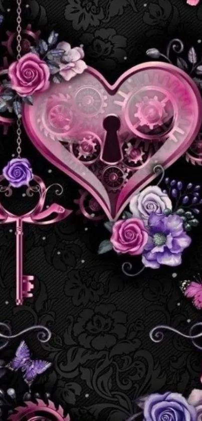 Steampunk heart with gears and roses wallpaper featuring butterflies.