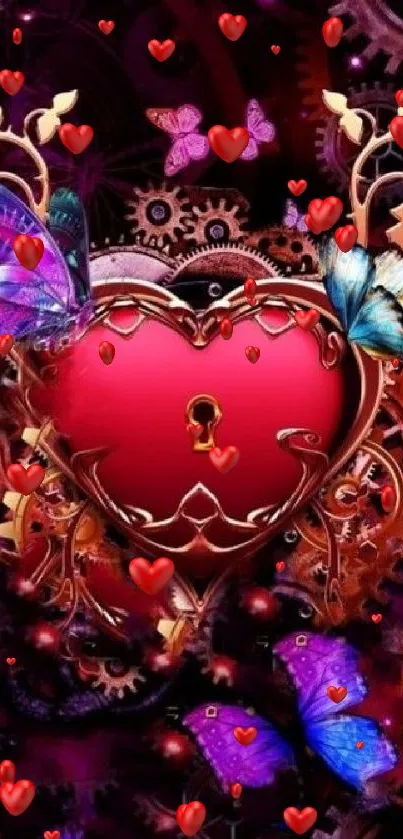 Steampunk heart with vibrant butterflies wallpaper.