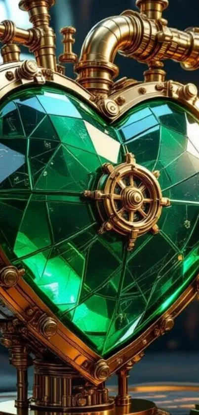 Steampunk heart with intricate machinery and emerald accents.