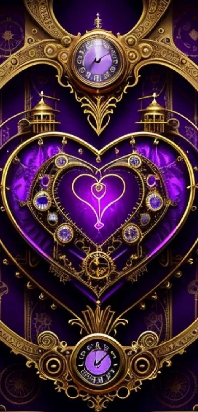 Steampunk heart clock with purple and gold accents wallpaper.