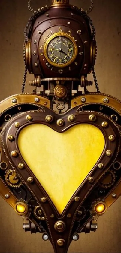 Steampunk heart clock with gears and vintage design in brown and yellow tones.