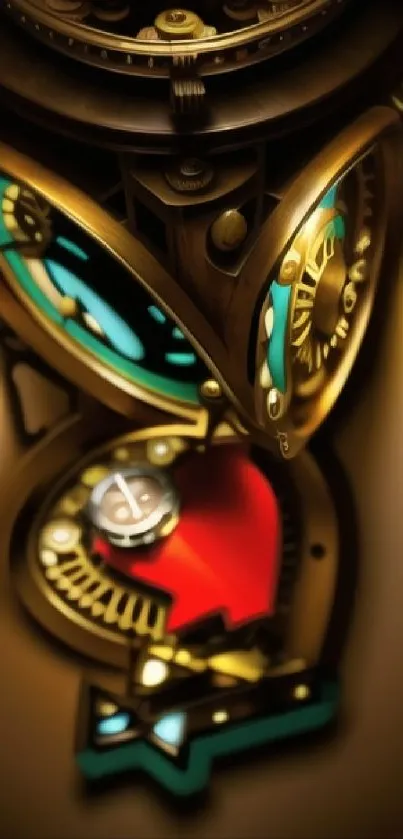 Steampunk heart clock with gears in bronze tones.