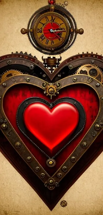 Steampunk heart with gears and vintage clock design in red.