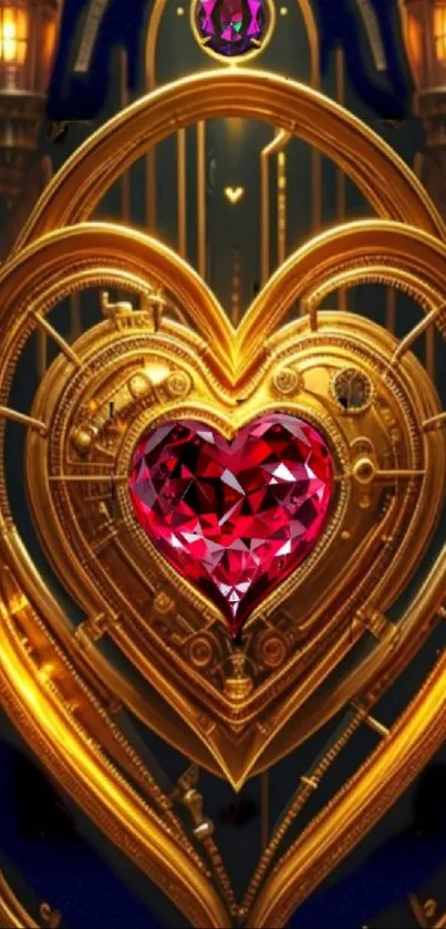 Steampunk heart with golden gears and red gemstone.