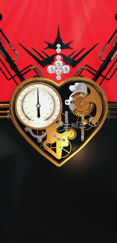 Steampunk heart with gears in red and black background.