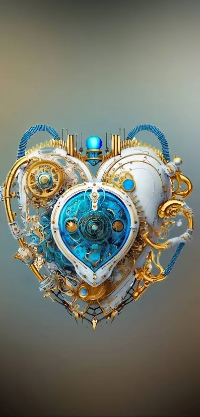 Steampunk heart with gears in blue and gold on a mobile wallpaper background.