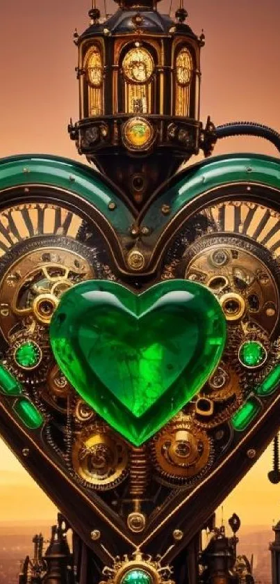 Steampunk heart with gears and sunset in mobile wallpaper.
