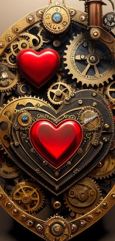 Steampunk heart and gears mobile wallpaper with vintage design.