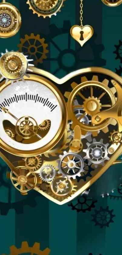 Steampunk heart with gold gears and cogs on dark background.