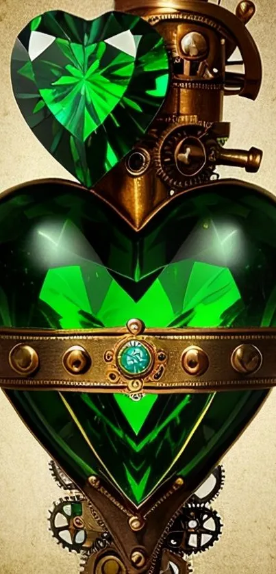 Steampunk heart with green gem and mechanical gears.