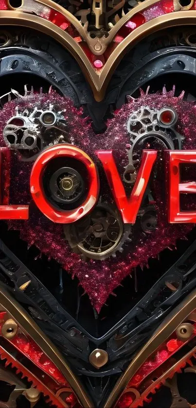 Steampunk heart with gears and 'LOVE' text in bold red.