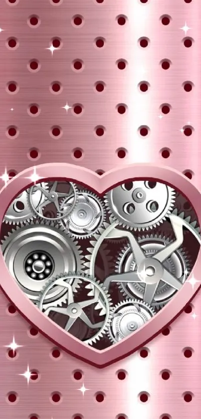 Metallic pink wallpaper with heart-shaped gears in steampunk style.