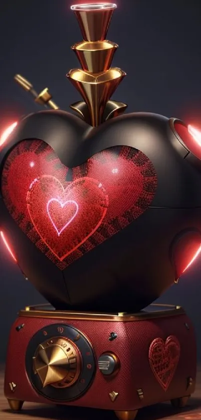 Steampunk heart with gears and glowing red lights on a mobile wallpaper.