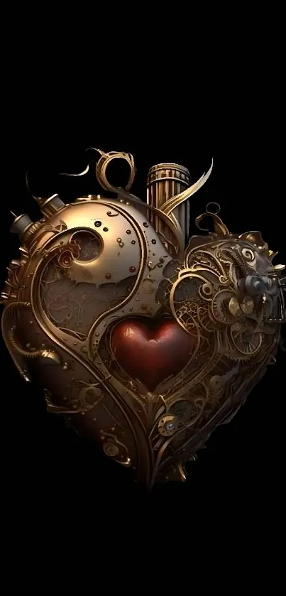 Steampunk heart design on a dark background, showcasing intricate metallic details.