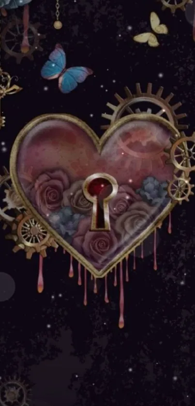 Steampunk heart with roses and gears on dark mobile wallpaper.