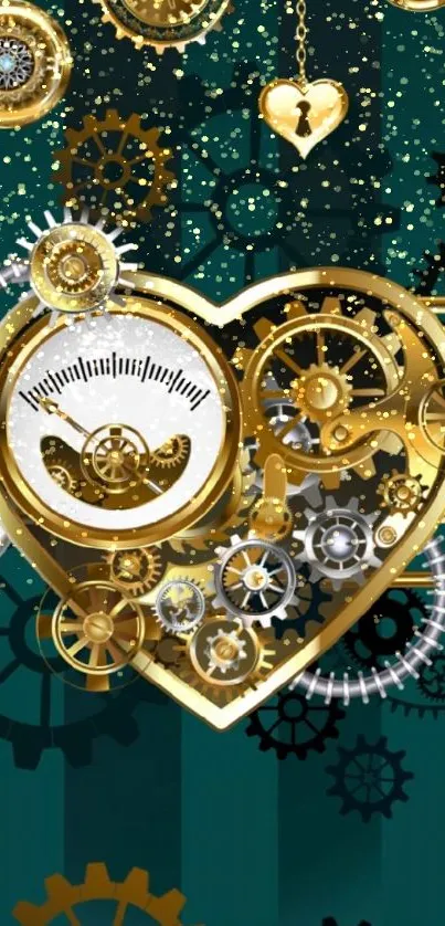 Steampunk heart design with gears and gold on teal background.