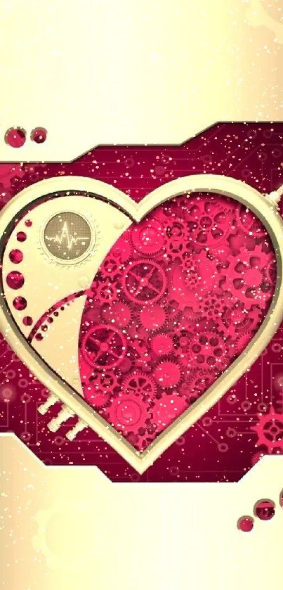 Steampunk heart with gears on red background mobile wallpaper.