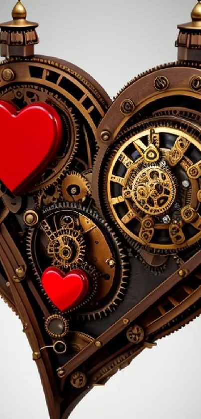 Steampunk heart with gears and red hearts on mobile wallpaper.