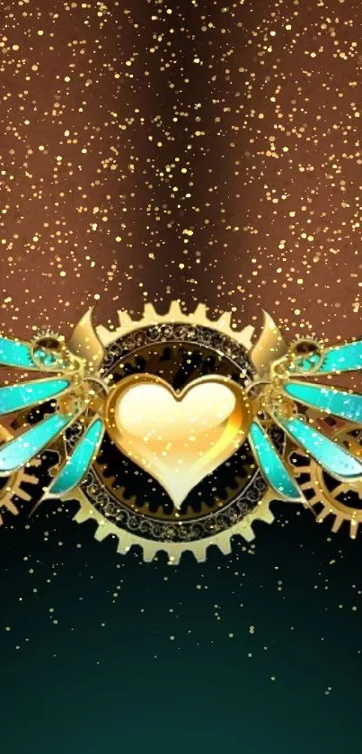 Steampunk heart with golden gears and turquoise wings on mobile wallpaper.