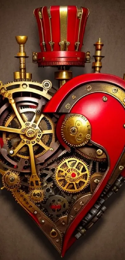 Steampunk heart with gears in red and gold on mobile wallpaper.