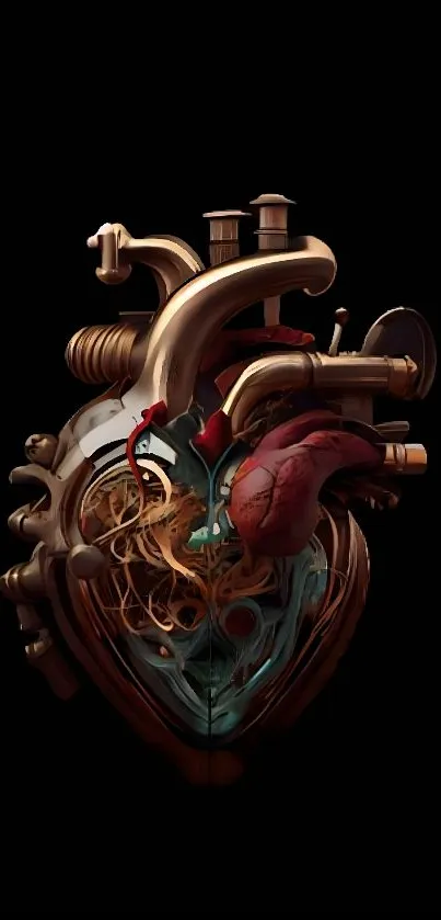 Steampunk heart with mechanical design on black background.