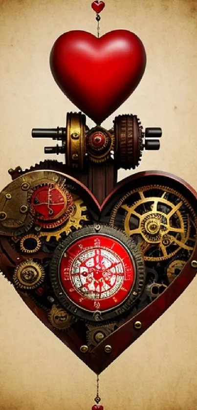 Steampunk heart with gears, rich red and brass tones for vintage look.