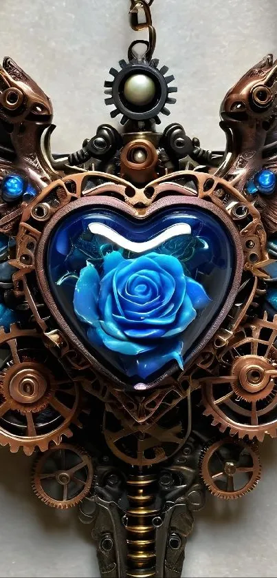 Intricate steampunk heart with a blue rose centerpiece.