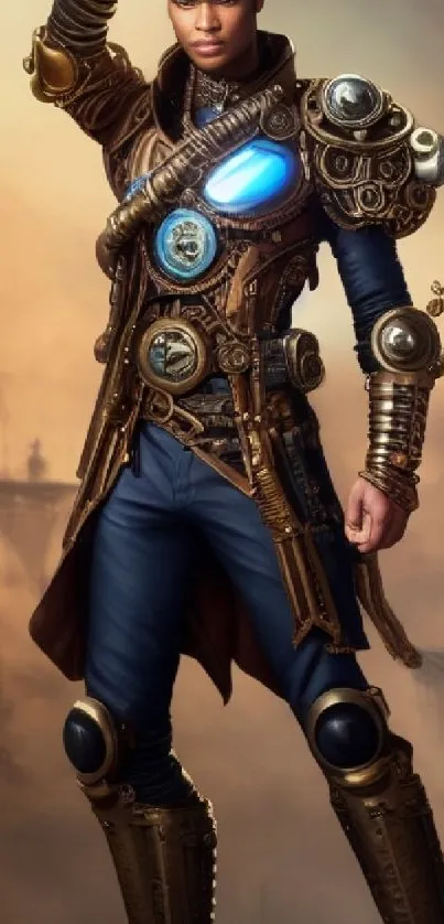 Steampunk hero with vibrant fantasy armor in a dramatic pose.