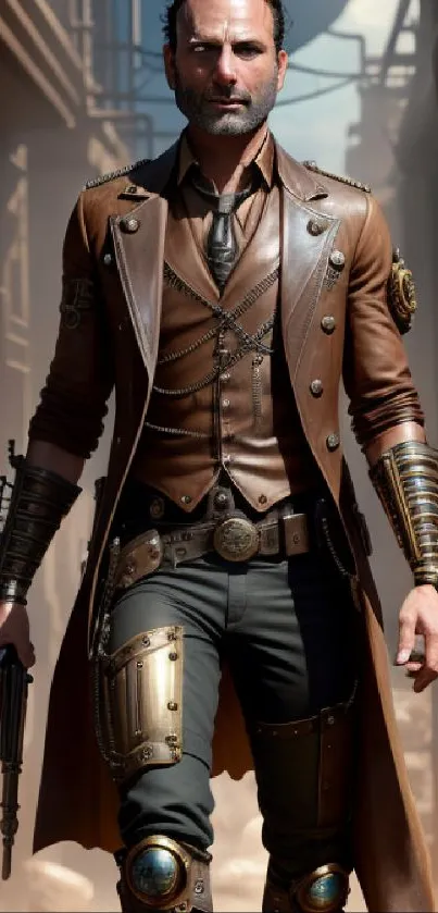 Steampunk hero in brown leather attire, holding a gadget in an industrial setting.