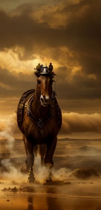 Steampunk horse in a dramatic sunset landscape.