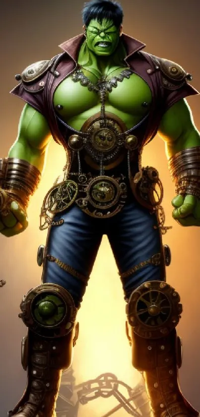 Steampunk Hulk character with gears and vibrant green aesthetics.