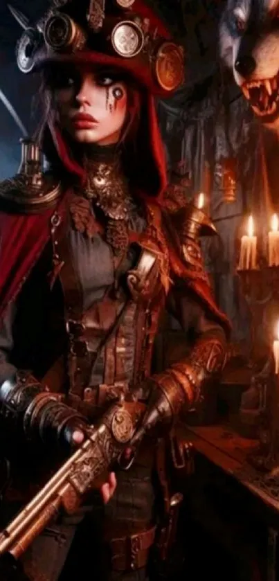 Steampunk warrior with a wolf and candles in a dark setting.
