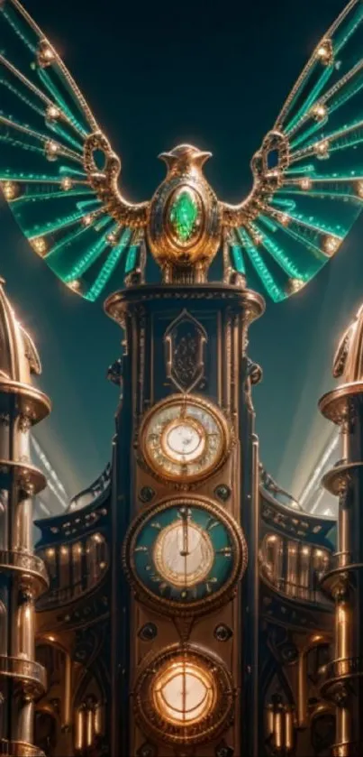 Steampunk clock tower with ethereal wings and glowing lights.