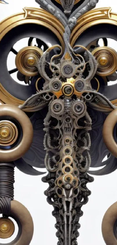 Intricate steampunk design with gears and metallic accents on mobile wallpaper.