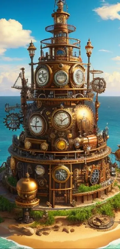 Steampunk tower on an island with ocean backdrop.