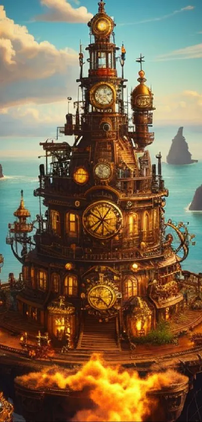 Steampunk tower city above ocean at sunset.