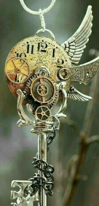 Steampunk key with gears and clock elements in brass tones.