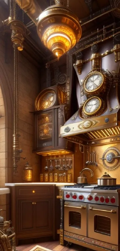 Steampunk kitchen with vintage design and intricate clockwork details in warm tones.